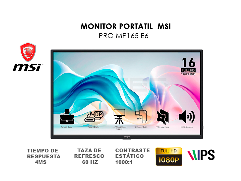 MONITOR PORTATIL MSI 15.6″ (PRO MP165 E6) PANEL IPS | 60HZ- 4MS | HDMI – 2 USB-C