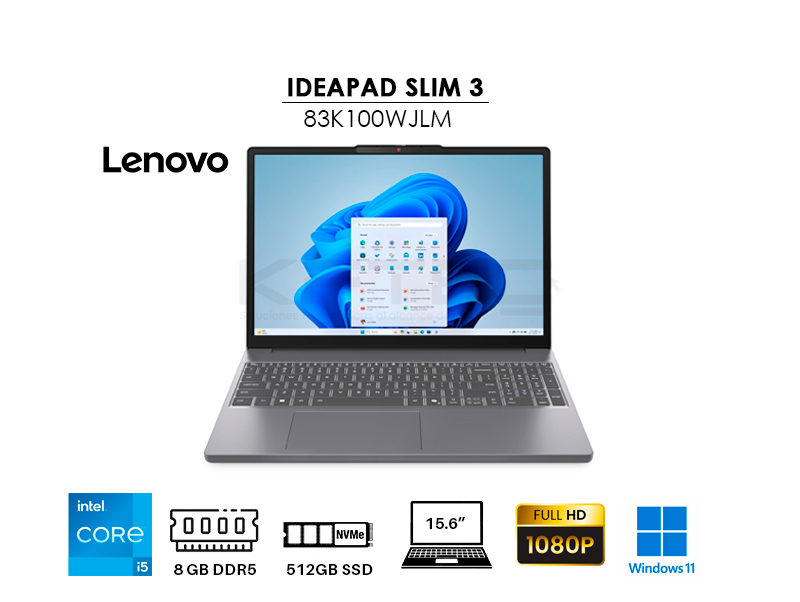 LAPTOP LENOVO IDEAPAD SLIM 3 15IRH10 I5-13420H 8GB DDR5 512GB SSD 15.3″ WUXGA WINDOWS 11 (83K100WJLM)