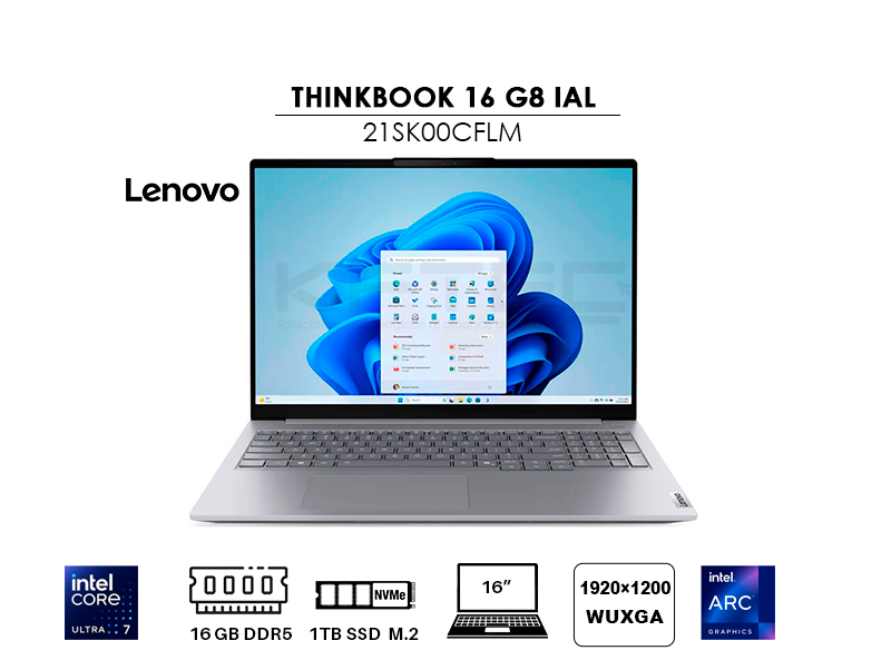 LAPTOP LENOVO THINKBOOK 16 G8 IAL ULTRA 7 255H 16GB 1TB SSD 16″ WUXGA WINDOWS 11 PRO (21SK00CFLM)